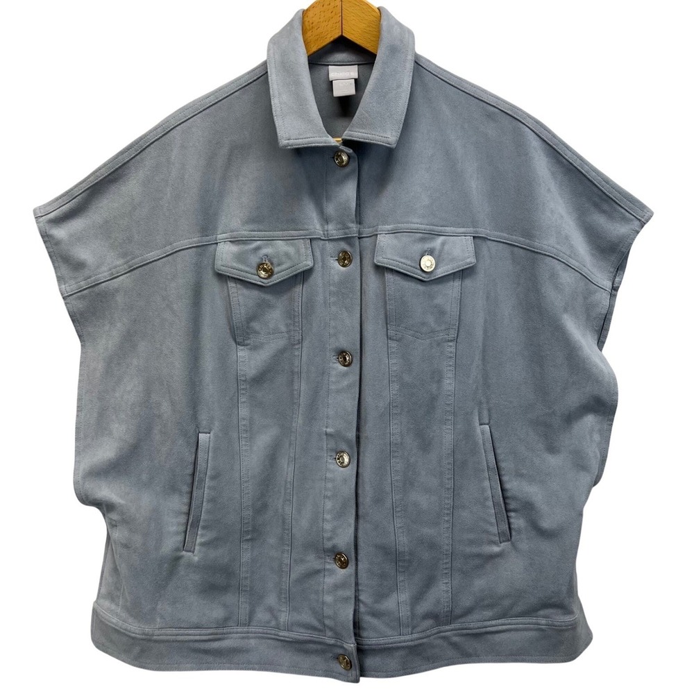 Chicos S M Faux Suede Trucker Cape Vest Oversized  Ruana Wrap Gray Pewter Blue